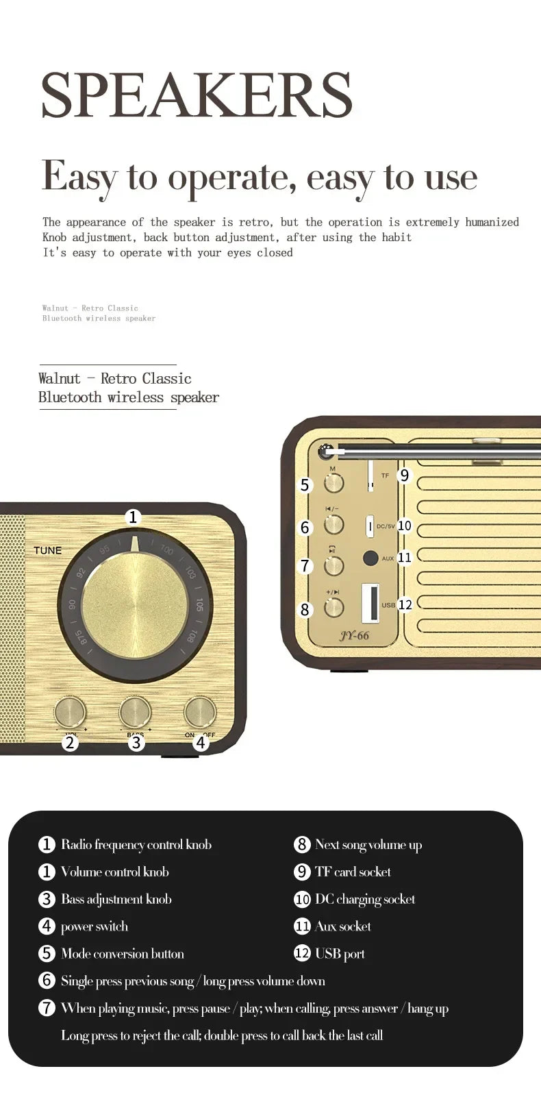 Nostalgic Bluetooth Speaker Bluetooth Sound Retro Classic Speaker Retro Radio Wireless Bluetooth 5.0 Wooden Portable Subwoofer