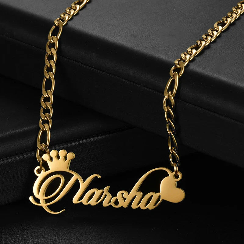 Goxijite Custom Name Collar Customized Crown Heart Nameplate Charm Necklaces Figaro Chain Stainless Steel Women Jewelry Gift