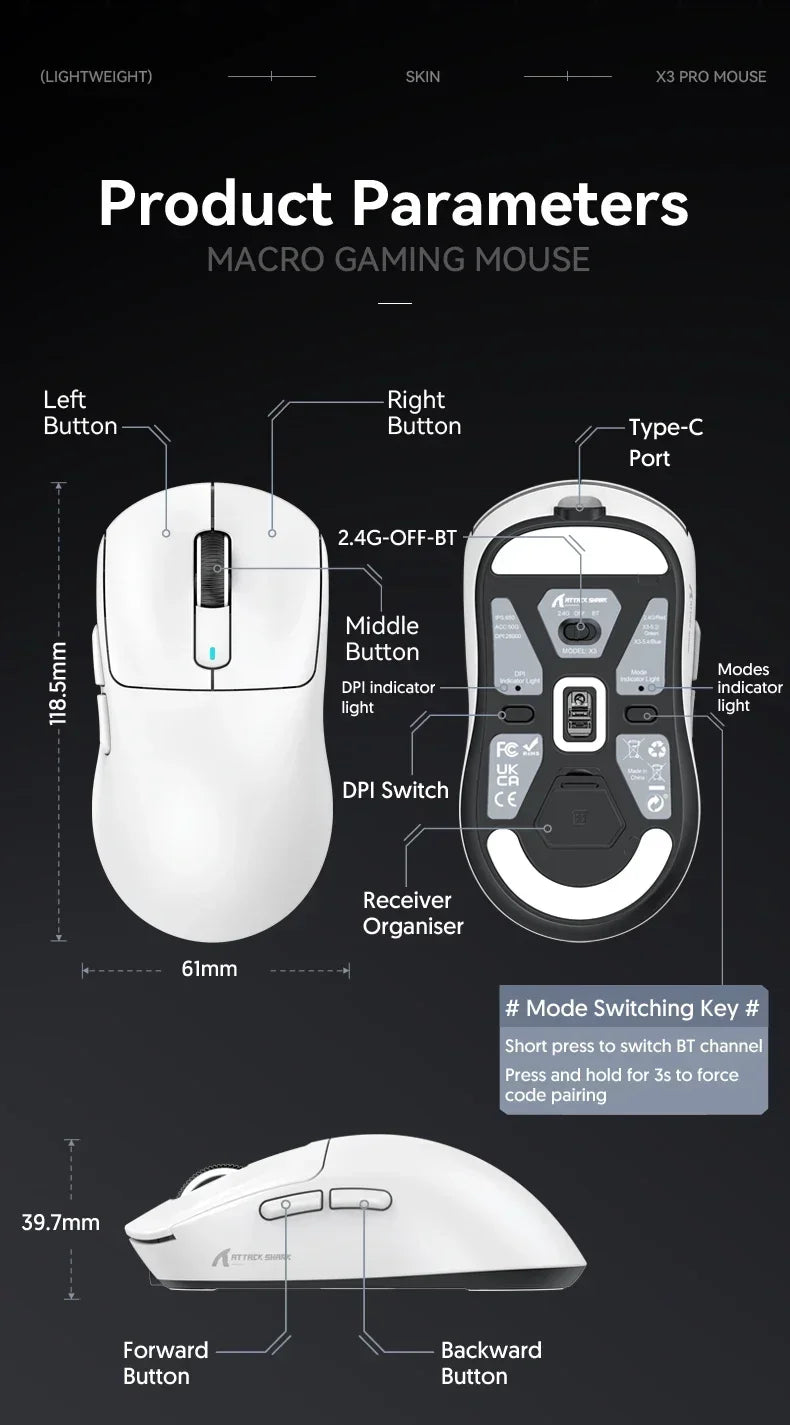 Attack Shark X3Pro Wireless  Gaming Mouse PixArt PAW3395 26000dpi Bluetooth Optical Mouse Tri-Mode Connection Macro Gaming Mouse
