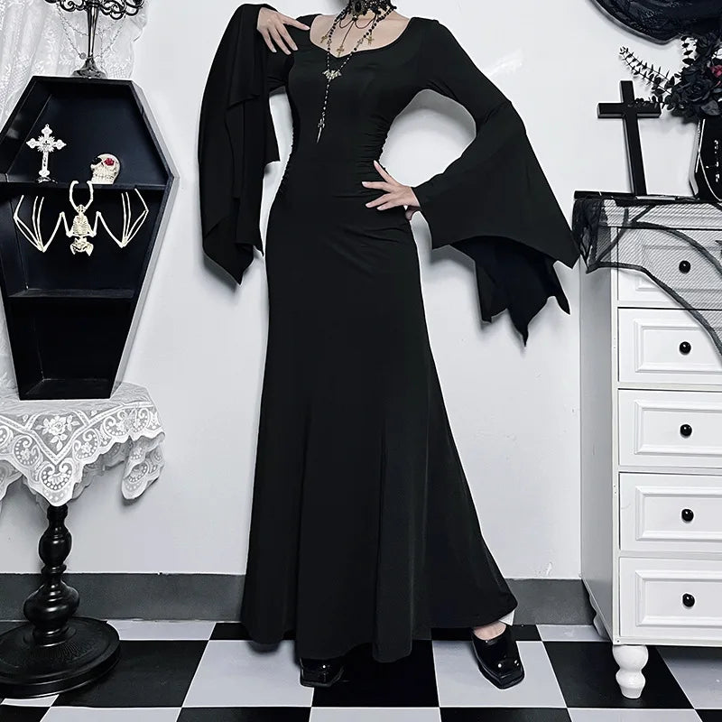 Gothic Vintage Halloween Dress for Women – Square Neck Patchwork with Spider Web Flare Sleeves - Premium Cosplay Costumes from Lizard Vigilante - Just $48.99! Shop now at Lizard Vigilante