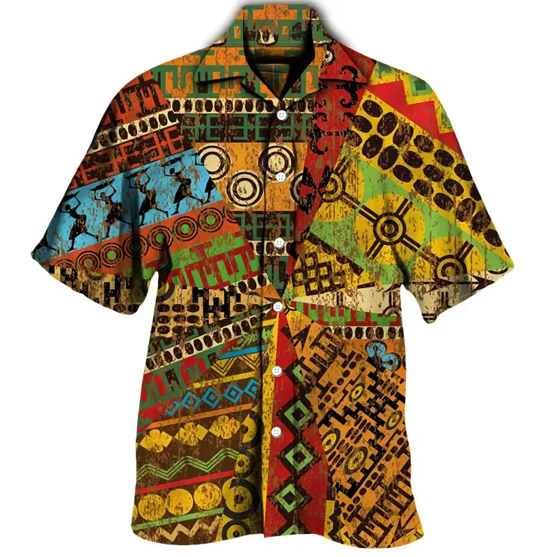 Colourful Bohemia African Graphic Shirts For Men Clothing Fashion Mens Short Sleeve Casual Y2k Lapel Blouse Summer Beach Tops