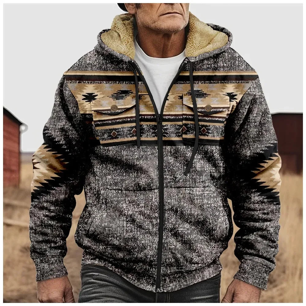 Retro Aztec Geometric Winter Jacket – Men's Plush Thick Streetwear Hunting Coat with Art Graphics & Fleece Lining - Premium jacket from Lizard Vigilante - Just $56.66! Shop now at Lizard Vigilante