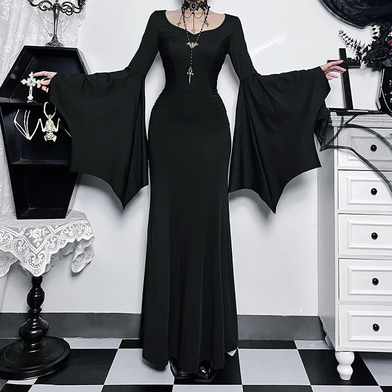 Gothic Vintage Halloween Dress for Women – Square Neck Patchwork with Spider Web Flare Sleeves - Premium Cosplay Costumes from Lizard Vigilante - Just $48.99! Shop now at Lizard Vigilante