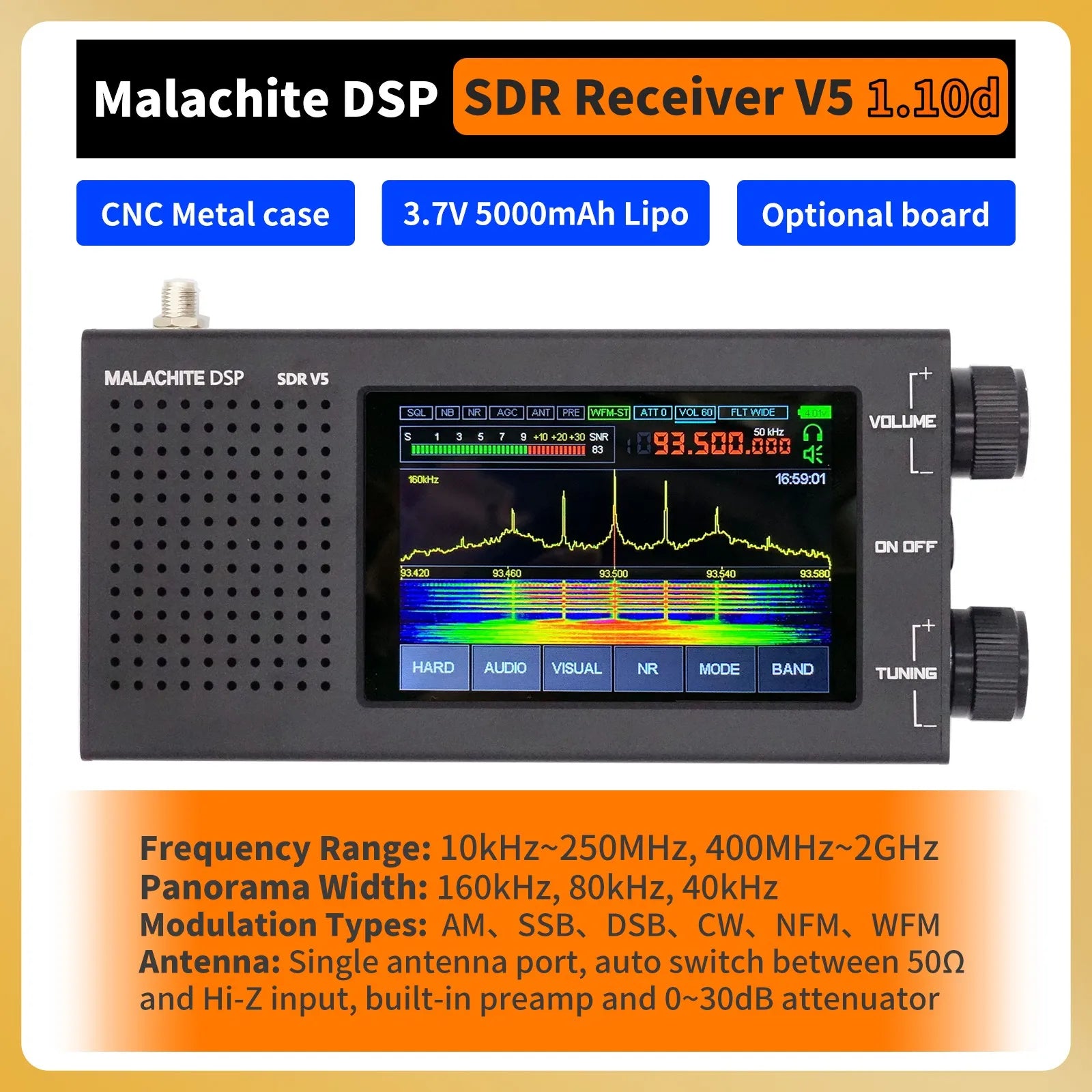 Malachite DSP SDR Receiver V5 – CNC Aluminum Case, 5000mAh Battery, Full-Range Spectrum AM/FM/SSB/NFM/WFM Receiver - Premium radio from DS - Just $399.99! Shop now at Lizard Vigilante