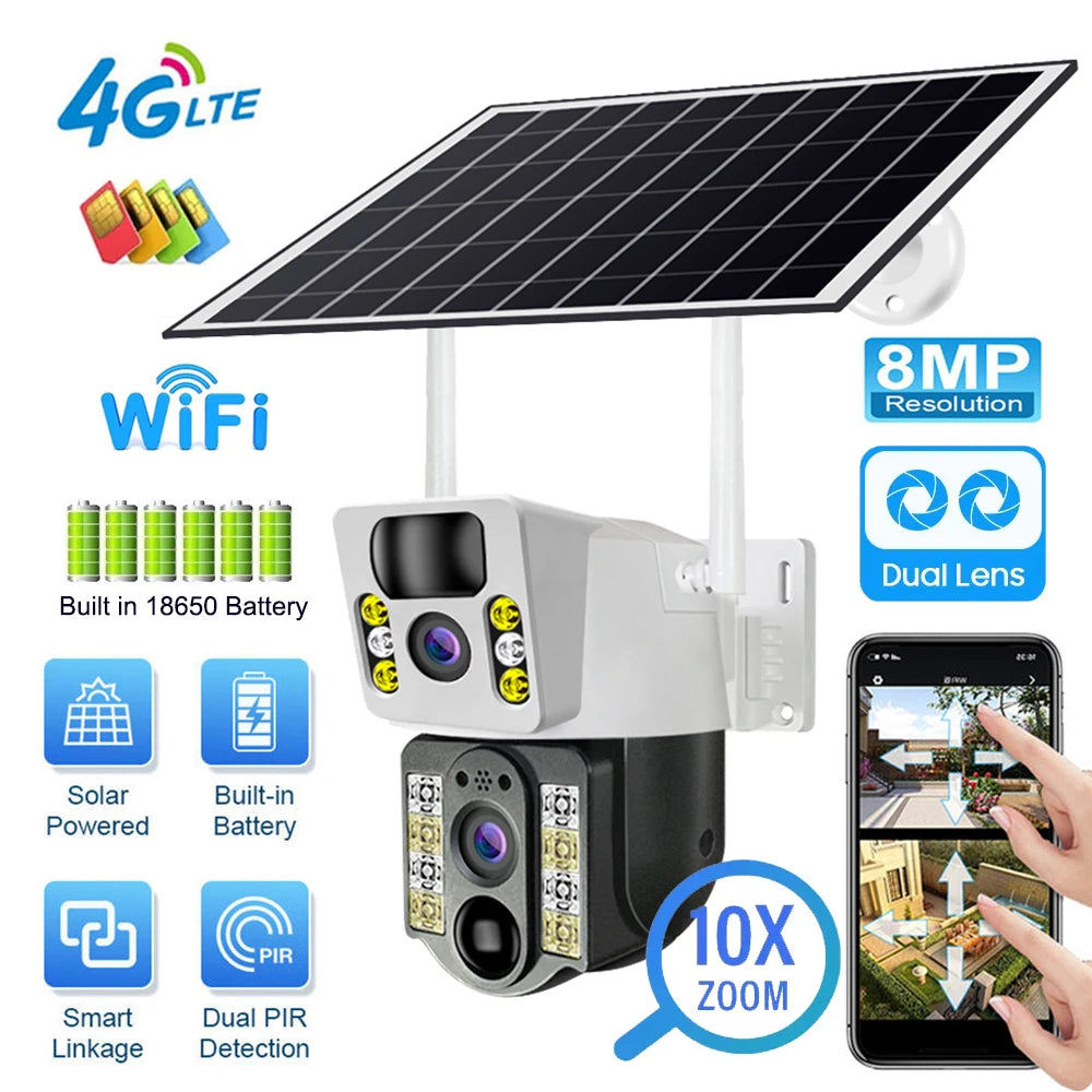 8MP 4K Wireless Solar Camera 4G Sim Outdoor Dual Lens Wifi IP Camera PIR Night Vision V380 Pro CCTV Security Protection Monitor - Premium  from Lizard Vigilante - Just $193.99! Shop now at Lizard Vigilante