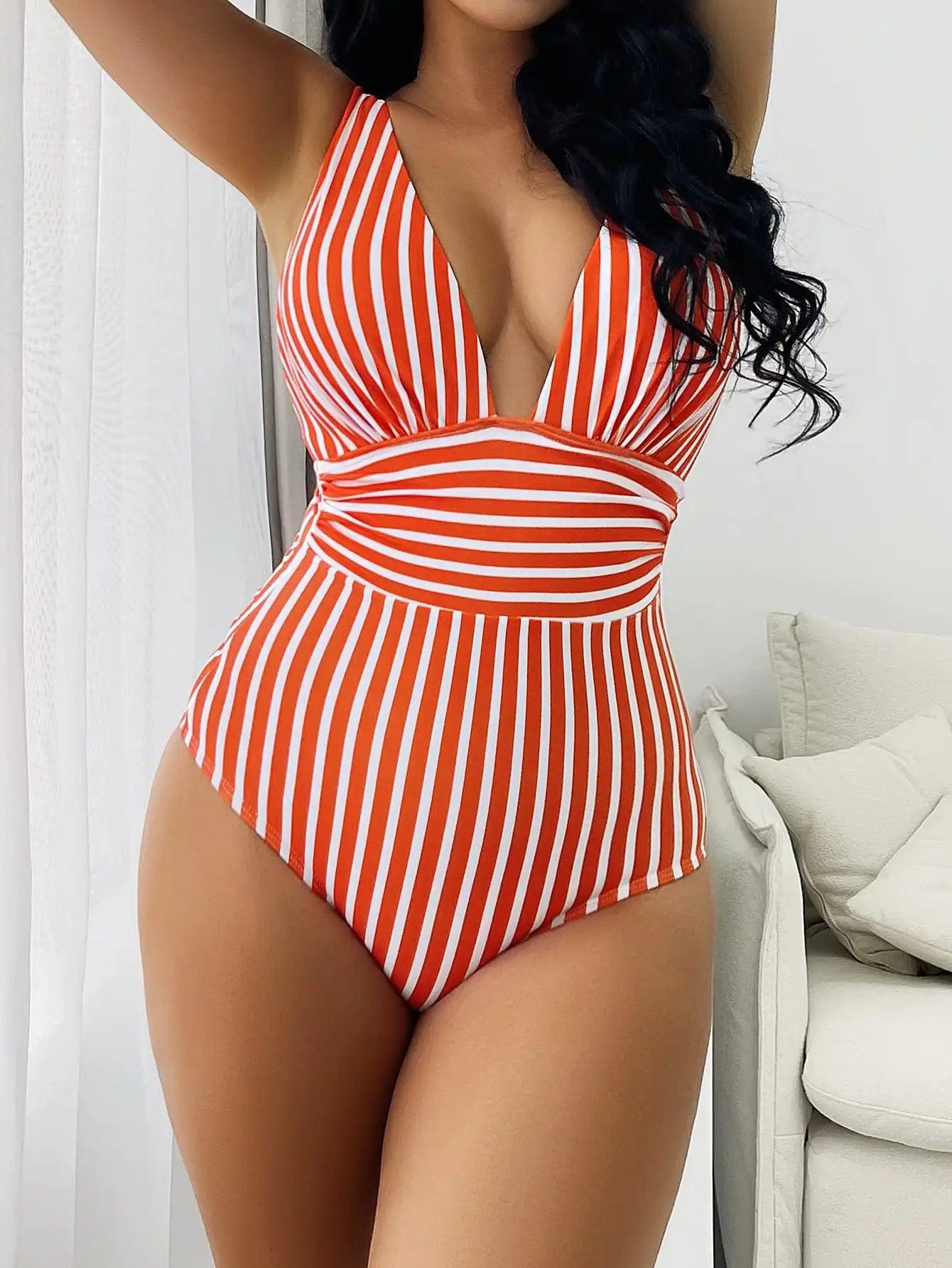 Striped One Piece Swimsuit Vintage Swimwear Women V-neck Bathing Swimming Suit Female Summer Beachwear Bodysuit - Lizard Vigilante