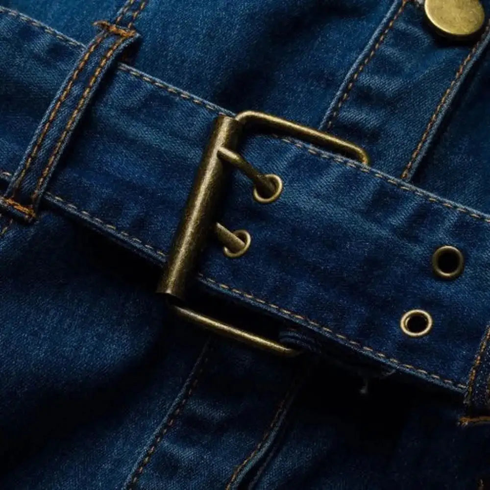 Vintage Button Up Jeans Dress Women Blue Lapel Denim Vestidos Winter Office Slim Long Sleeve Mid-Cuff Denim with Belt Long Dress