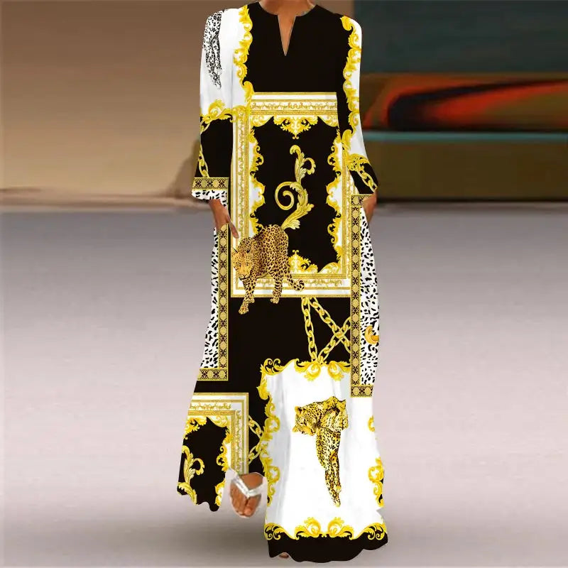 Women Autumn Winter Long Dress Elegant Party Casual V Neck Long Sleeve Vestids Style Loose Stripe Printing Vintage Maxi Dresses