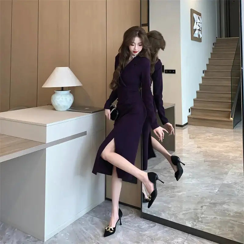 Women Pink Pleated Bodycon Formal Long Dress Autumn Winter Long Sleeve Chic Suit Dress 2025 Korean Fashion Elegant Party Dresses