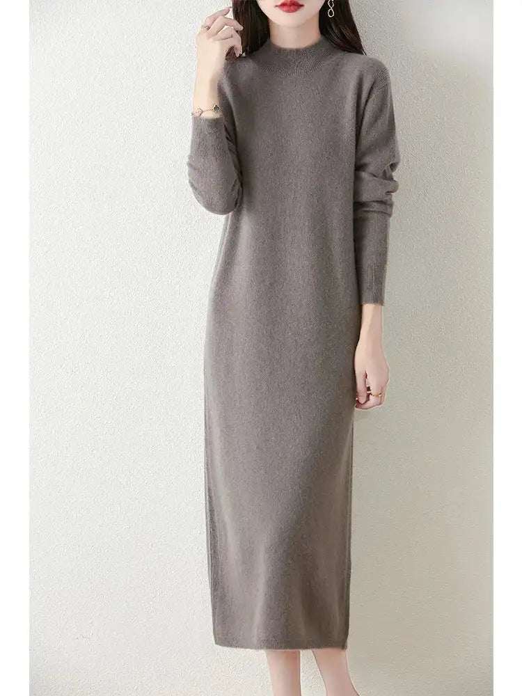 Autumn Winter Women's Wool Long Dress Cashmere Mock Neck Pullover Sweater 100% Merino Wool Soft Knitwear OL Simple Basic Dress