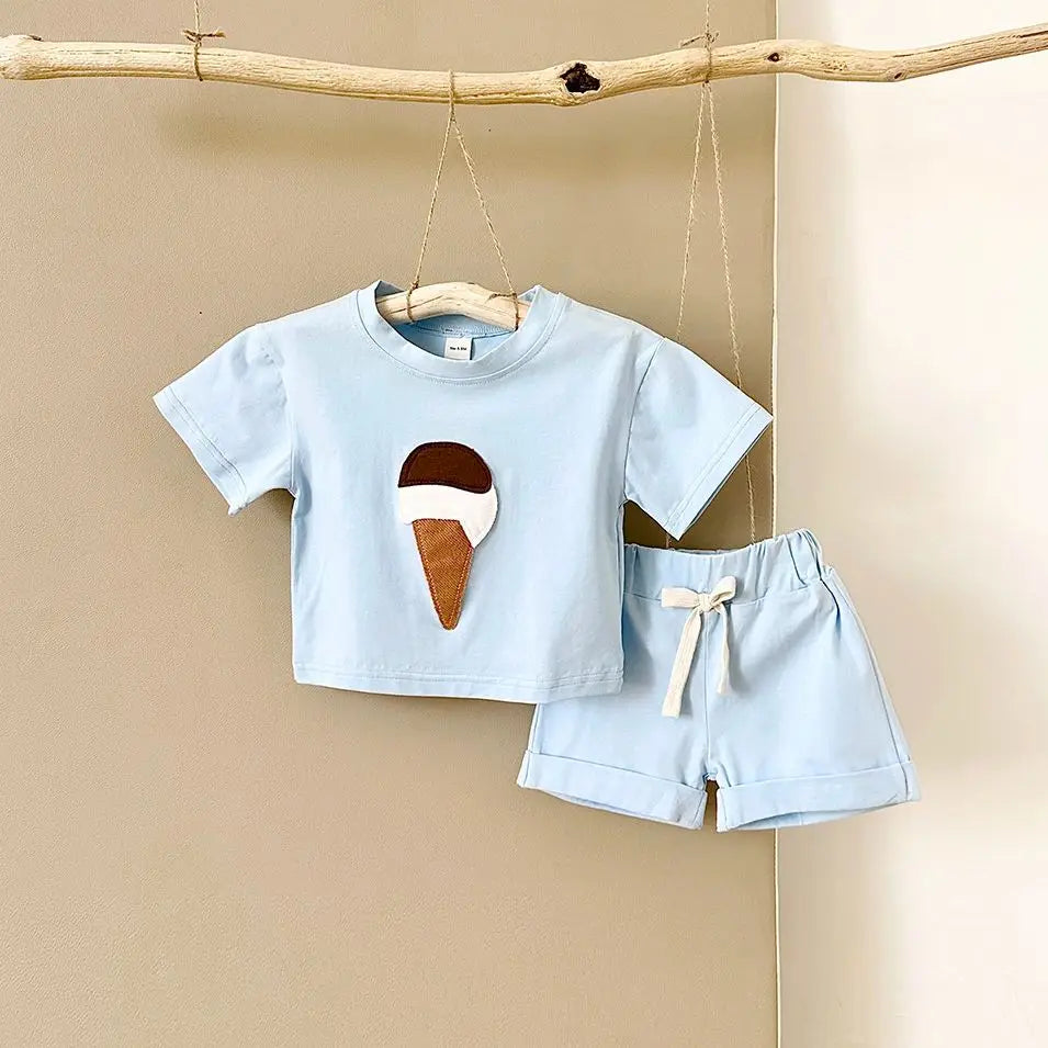Baby Outfit Set for Newborns -Summer Ice Cream Print round Baby Outfit SeNeck T-shirt Sports Shorts 2PCS  Combo Unisex 0-3 Years