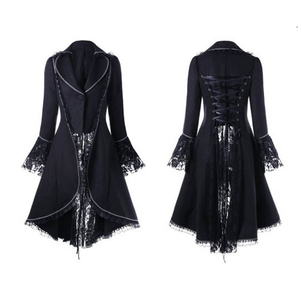 Women Lace Trim Lace-up High Low Coat Black Steampunk Victorian Style Gothic Jacket Medieval Noble Court Dress Plus Size S-5XL - Premium  from Lizard Vigilante - Just $18.99! Shop now at Lizard Vigilante