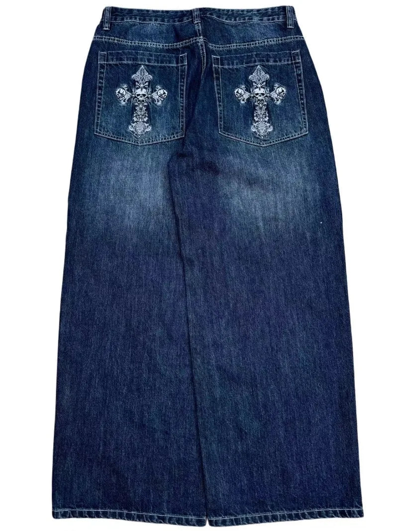 Crossfade Chaos: Y2K Vintage Wash Wide-Leg Punk Jeans with Cross Embroidery & Street Authority - Premium jeans from dsers - Just $166.66! Shop now at Lizard Vigilante