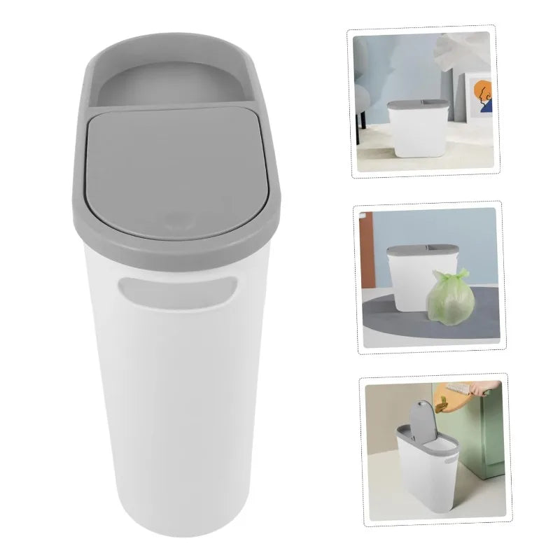 Slim Plastic Trash Bin with Lid,Easy Press-Top,Space Saving Design, Suitable for Bathroom Kitchen Living Room,Simple Solid Color