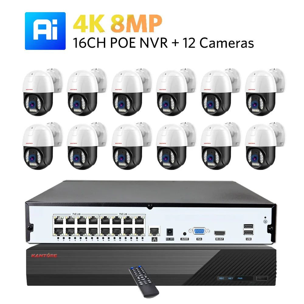 XMEYE 16CH POE NVR Kit 4K PTZ Security Camera System 8MP Ai Face Detect Two Way Audio Waterproof Colorfull Night Vision Camera
