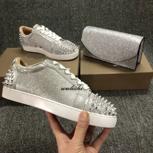 Flat Rivet Silver Casual Shoes Women Clutch Design Crystal Sneakers Luxurious Round Concise Couple Metallic Glitter Lace Up Shoe - Premium shoes from Lizard Vigilante - Just $147.99! Shop now at Lizard Vigilante