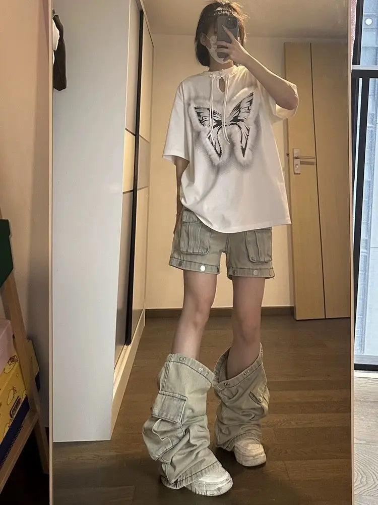 American New Detachable Design Sense Tooling Jeans Female Y2K Fashion Gothic Retro High Street Straight Small Vibe Waisted Pants