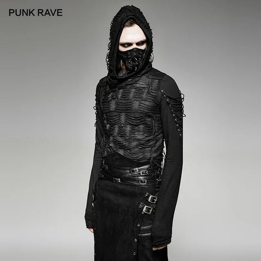 PUNK RAVE Gothic Hooded T-Shirt | Men's Long Sleeve Paisley Knit Top | Gothic Streetwear - Premium hooded tee from Lizard Vigilante - Just $41.99! Shop now at Lizard Vigilante