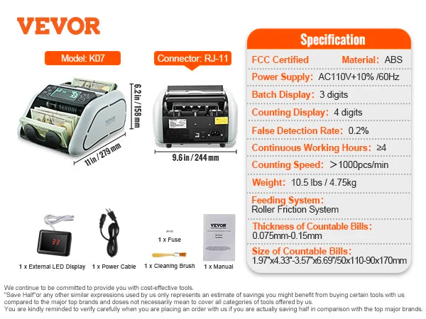 VEVOR 1000 Pcs/Min Money Counter Business Cash Register Bills Counterfeit Bill Detector by UV/MG/IR/DD Function for Bank Store - Premium  from Lizard Vigilante - Just $130.99! Shop now at Lizard Vigilante