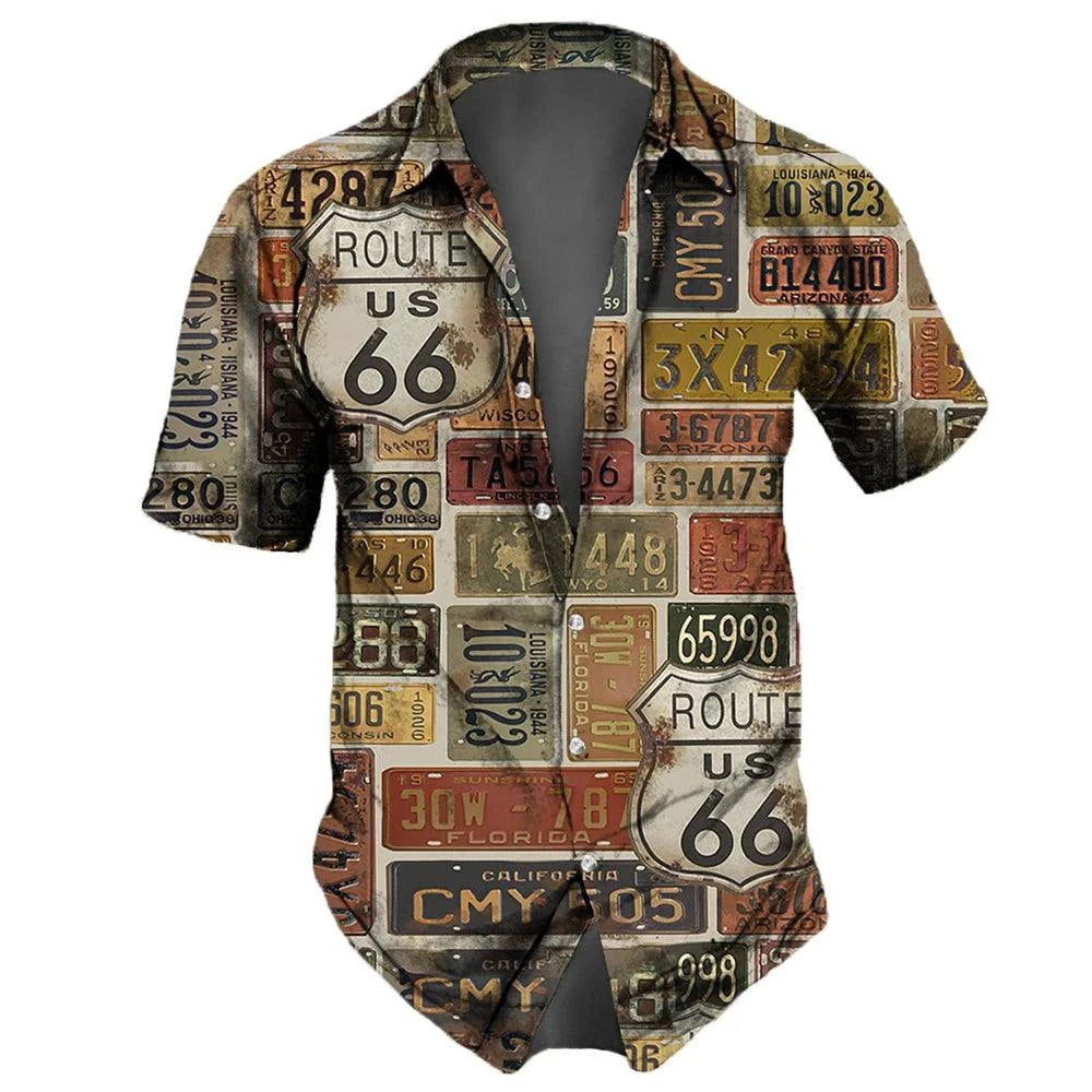 "U.S. Route 66 Retro Hawaiian Shirt" - 3D Fashion Short Sleeve Streetwear for Men - Premium hawaiian shirt from Lizard Vigilante - Just $26.66! Shop now at Lizard Vigilante