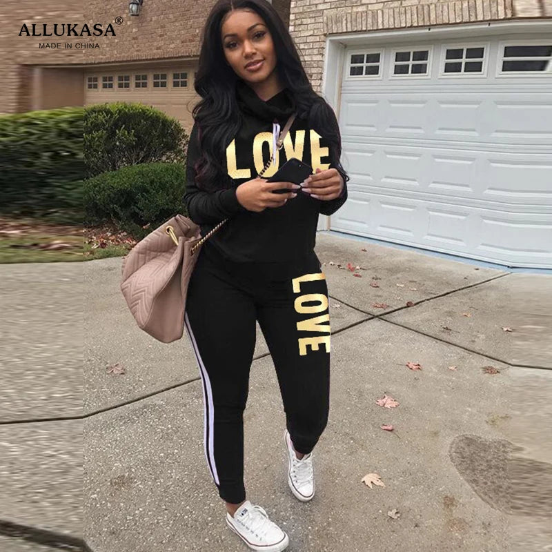 Women’s LOVE Letter Print Two-Piece Tracksuit – Stylish High Neck Hoodie & Pants Set - Premium hoodie set from Lizard Vigilante - Just $38.88! Shop now at Lizard Vigilante