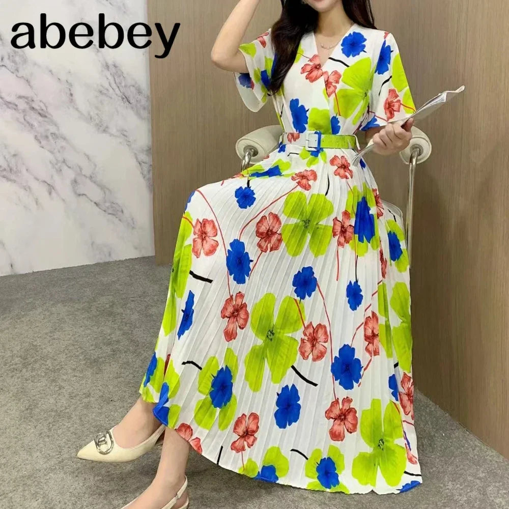 Women Dress Fashion Vintage Ins Bandage Slim Waist A-line Long Dress Vacation Beach Summer Outfits Lady Robe Femme