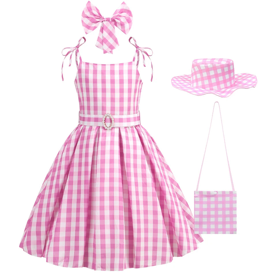 Barbie Movie Costume Girls Princess Cosplay Clothes Children Pink Plaid Dress Halloween Carnival Kids Party Wear 2-10 Years - Premium Cosplay Costumes from Lizard Vigilante - Just $18.99! Shop now at Lizard Vigilante