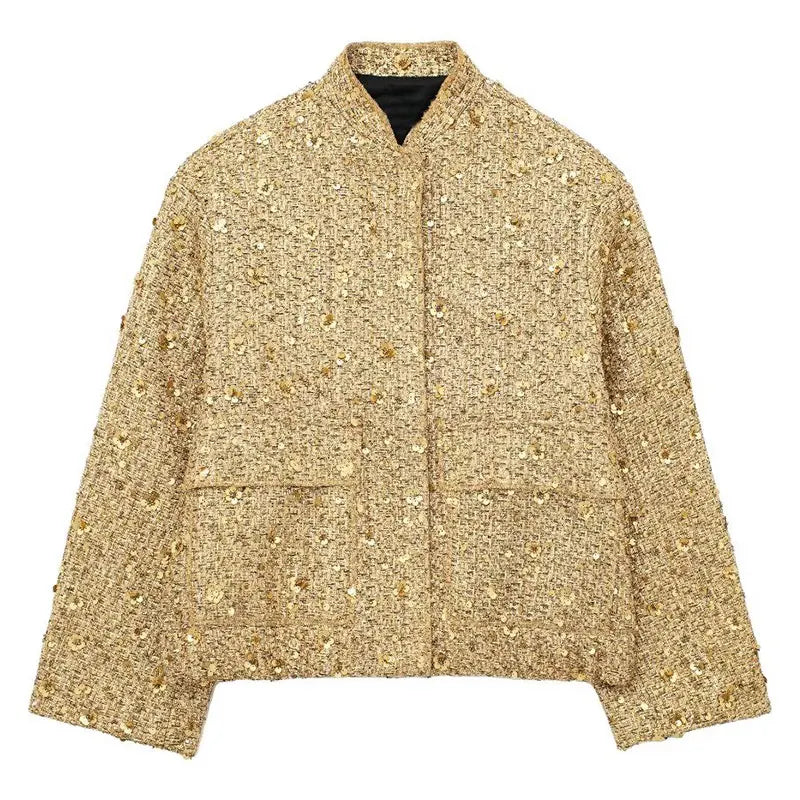 TRAFZA Women’s Fashion Shiny Sequin Jacket – Y2K Gold Color Stand Collar Coat - Premium jacket from Lizard Vigilante - Just $60.99! Shop now at Lizard Vigilante