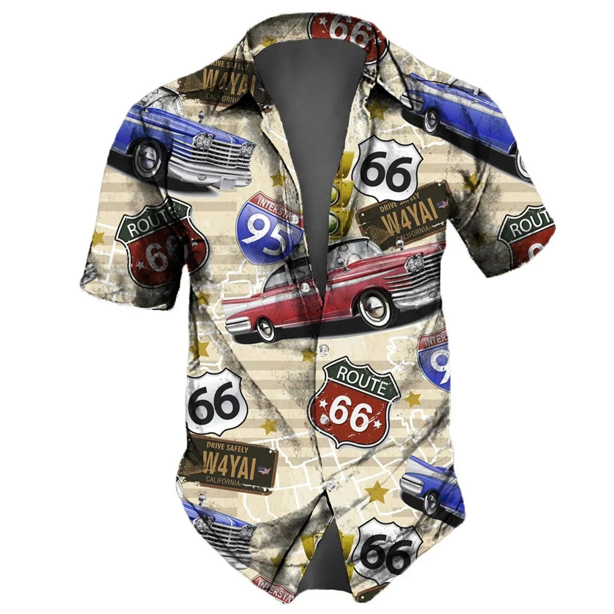 "U.S. Route 66 Retro Hawaiian Shirt" - 3D Fashion Short Sleeve Streetwear for Men - Premium hawaiian shirt from Lizard Vigilante - Just $26.66! Shop now at Lizard Vigilante