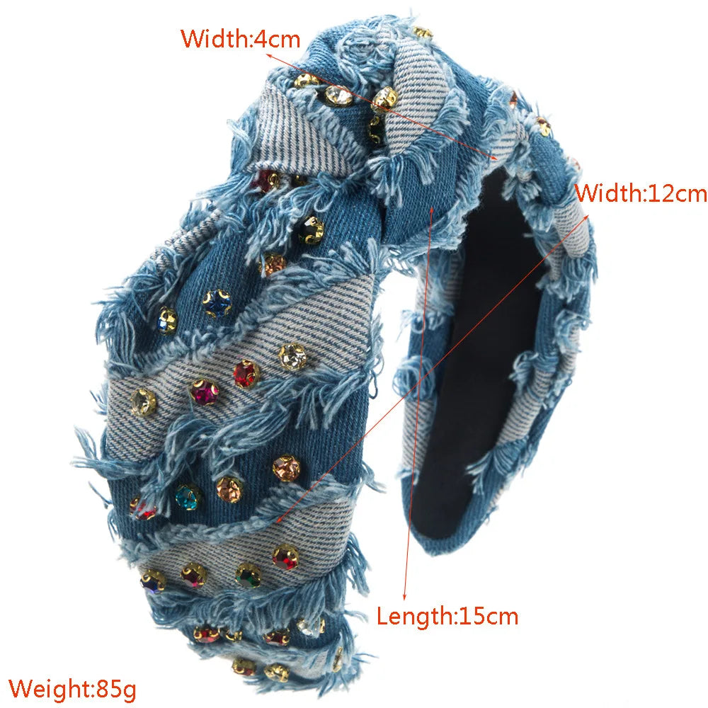 Western Cowgirl Pearl Rhinestone Knotted Boot Crystal Pearls Bejeweled Denim Cloth Headband - Premium Headband from Lizard Vigilante - Just $28.88! Shop now at Lizard Vigilante