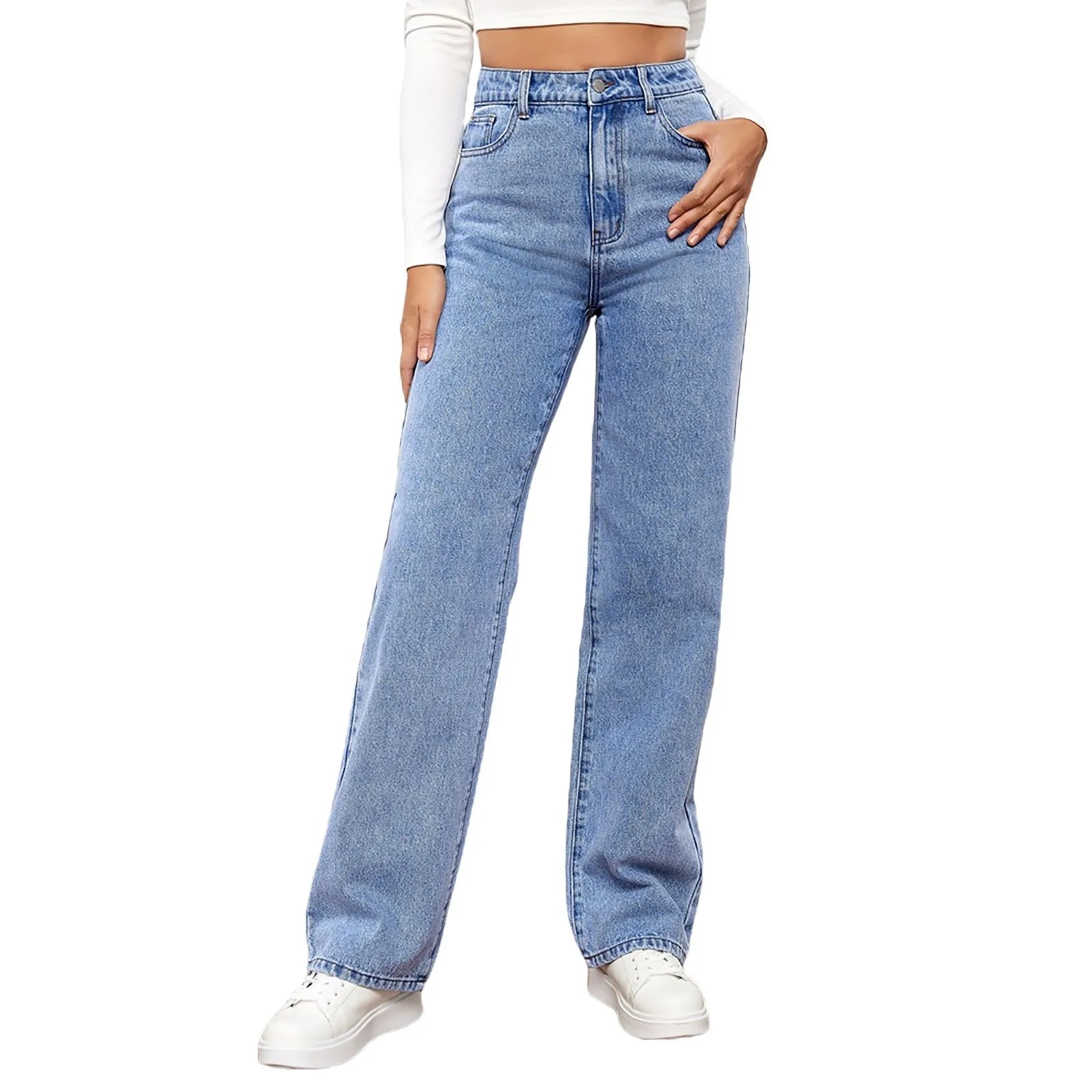 Women Fashion Straight Leg Jeans Loose Button Pocket Washed Denim Pants High Waist Stretchy Denim Trousers 2024 Female Clothes - Premium  from Lizard Vigilante - Just $30.99! Shop now at Lizard Vigilante