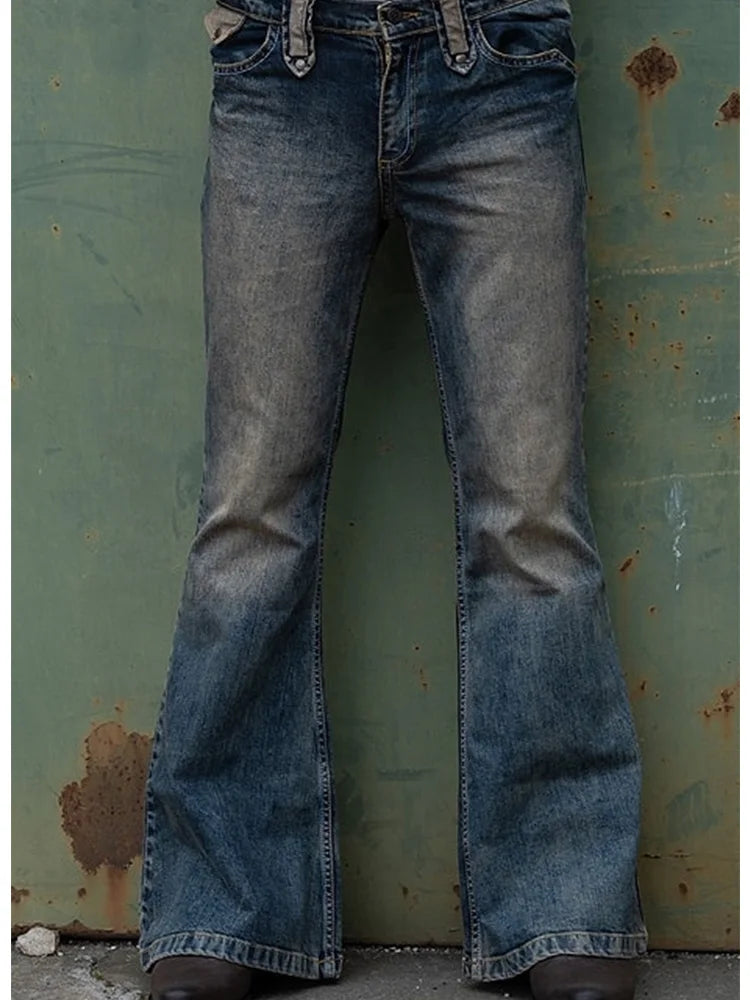 Punk Style Men Flared Baggy Jeans Bootcut Leg Distressed Patchwork Denim Pants New Designer Bell Bottom Trousers Fall Winter - Premium  from Lizard Vigilante - Just $39.99! Shop now at Lizard Vigilante