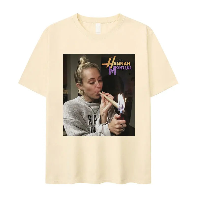 Miley Cyrus Funny Smoking Graphic T-Shirt | Hannah Montana Vintage Aesthetic Men’s & Women’s Casual Oversized Cotton Tee - Premium T-Shirt from Lizard Vigilante - Just $26.66! Shop now at Lizard Vigilante