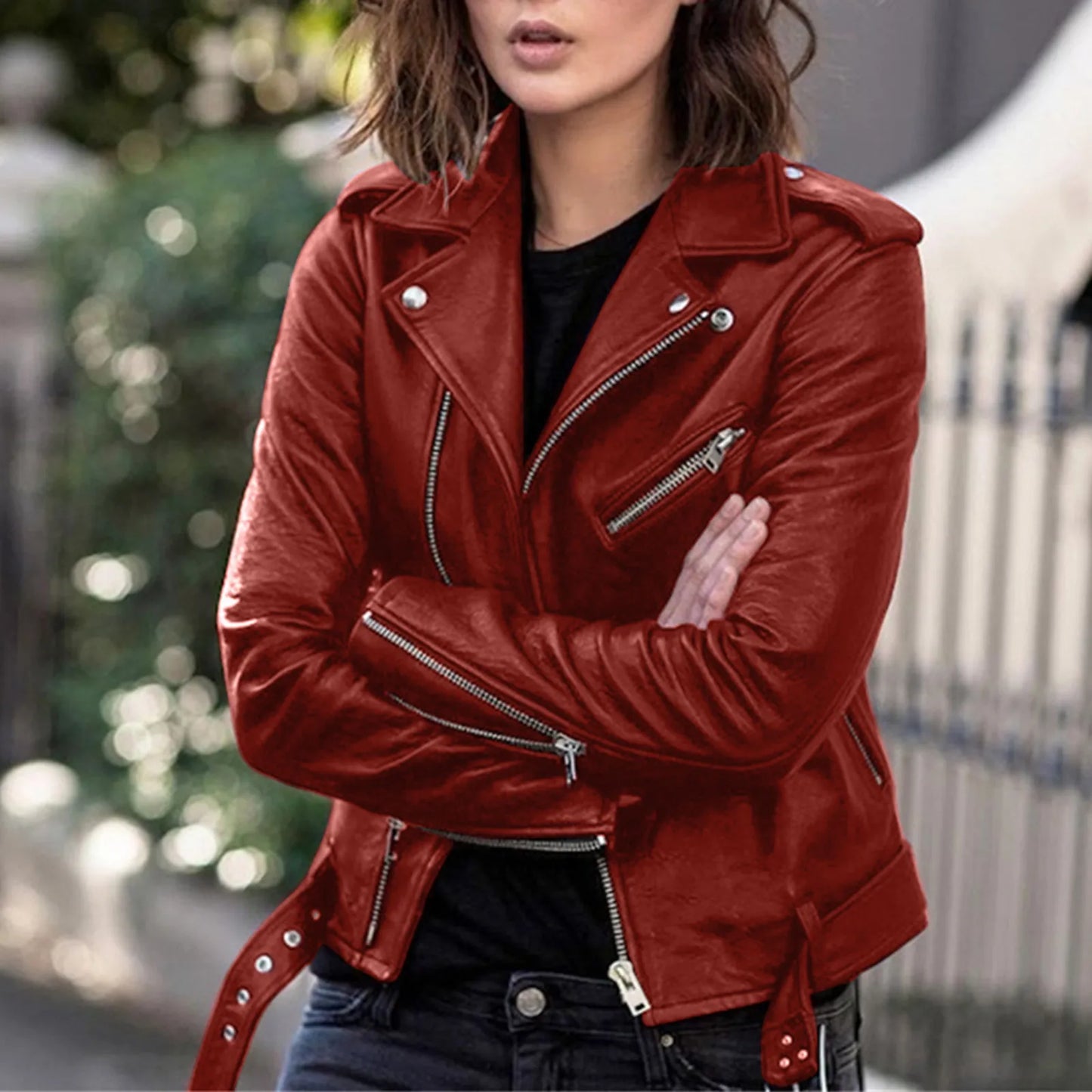 Women's Fashion Faux Leather Moto Biker Jacket - Long Sleeve Zipper Leather Coat - Premium jackets from Lizard Vigilante - Just $44.88! Shop now at Lizard Vigilante