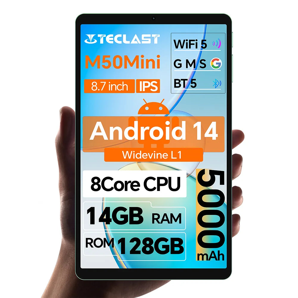 Teclast M50Mini, 8.7 Inches Tablet, 8 Cores, Android 14, 4g Phone Call, (6Gb+10Gb)16Gb Ram, 128Gb Rom, 1340X800, Unisoc T606, 13Mp+5Mp