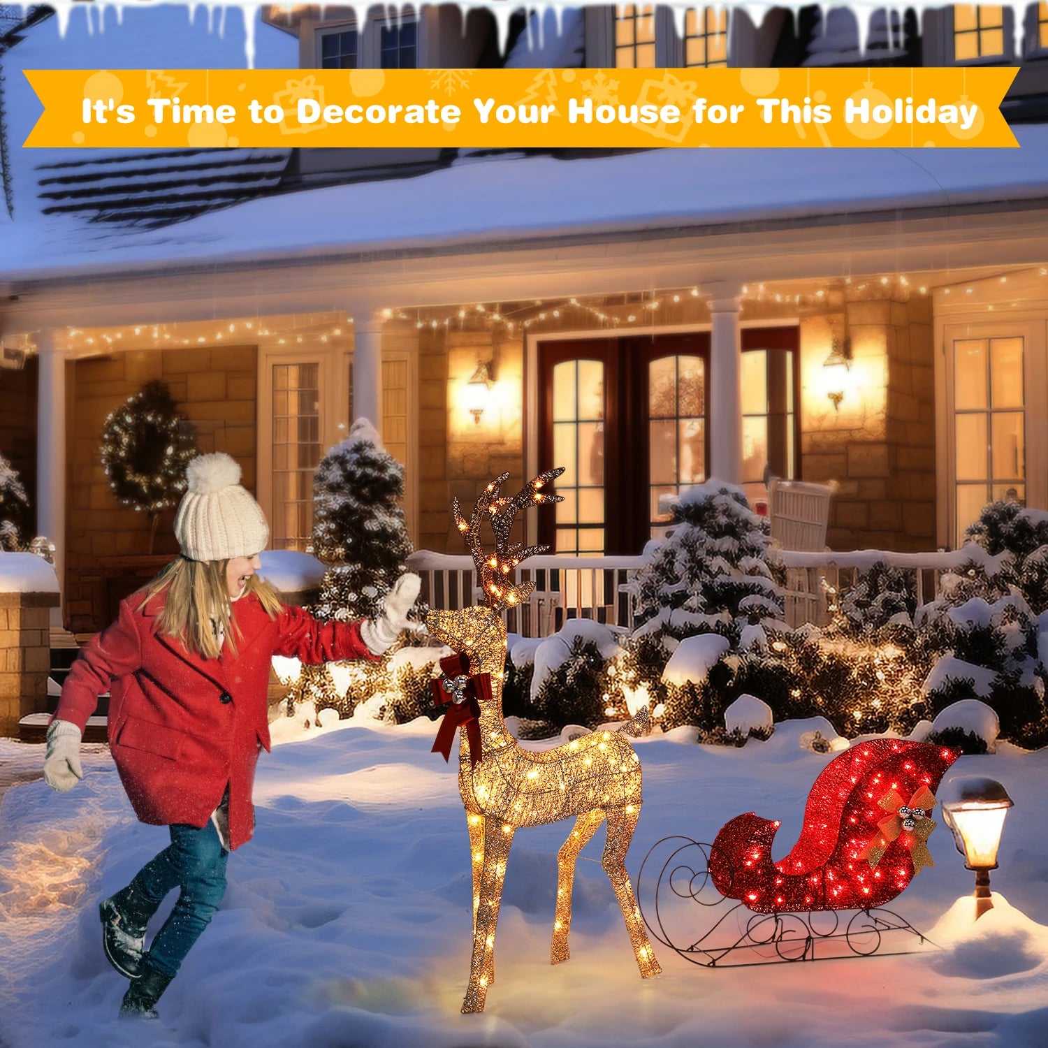 Indoor Outdoor Large Lighted Christmas Deer Family Set Front Yard Porch Holiday Decoration with 160/210 Warm White LED Lights - Premium  from Lizard Vigilante - Just $138.99! Shop now at Lizard Vigilante