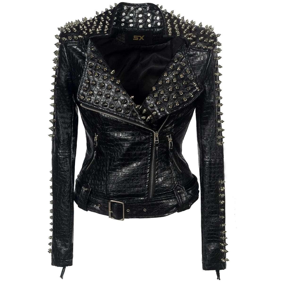 2024 Steampunk Rock Rivet Women's Leather Jacket Slim Short Streetwear Gothic Embroidery PU Leather Locomotive Coat Femme - Premium leather jacket from Lizard Vigilante - Just $106.99! Shop now at Lizard Vigilante