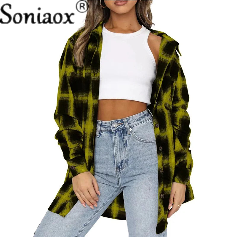 Women’s Flannel Plaid Shirt – Loose Fit Button-Up Casual Long Sleeve Blouse - Premium shirt from Lizard Vigilante - Just $42.88! Shop now at Lizard Vigilante