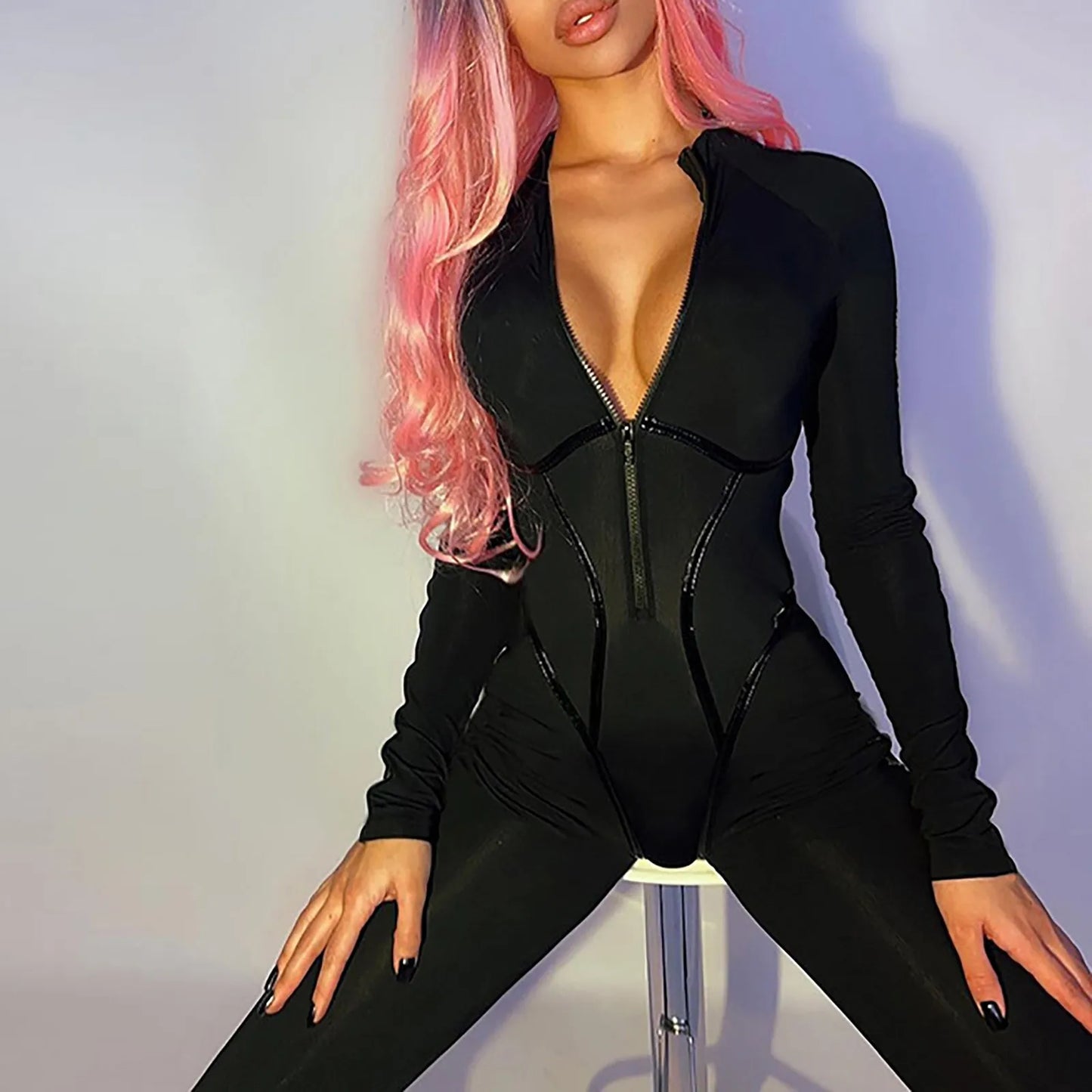 Skinny Black Jumpsuit for Women – Sexy Zip Up Bodycon Overalls for Casual Streetwear - Premium jumpsuit from Lizard Vigilante - Just $28.88! Shop now at Lizard Vigilante