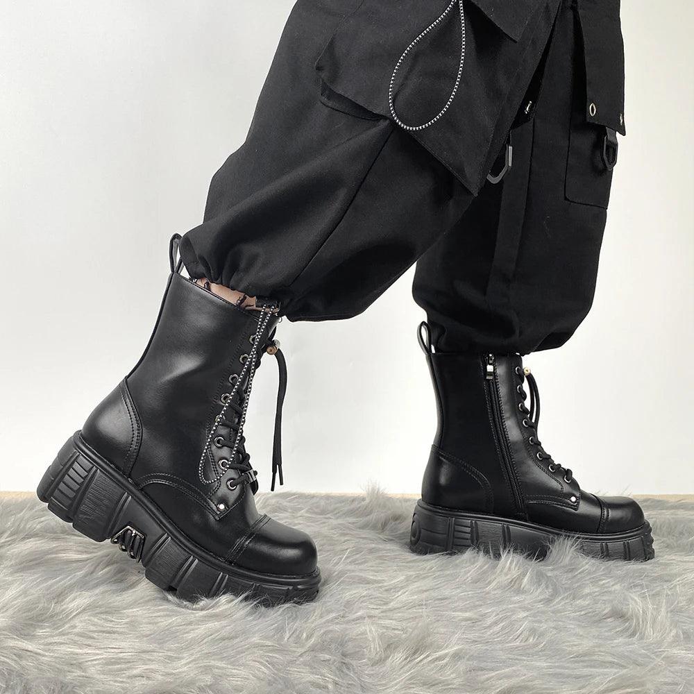 Punk Women Platform Ankle JackBoots Female's Rock Round Toe Lace Up Fashion Retro Chunky Shoes Metal Decor Short Boots - Lizard Vigilante