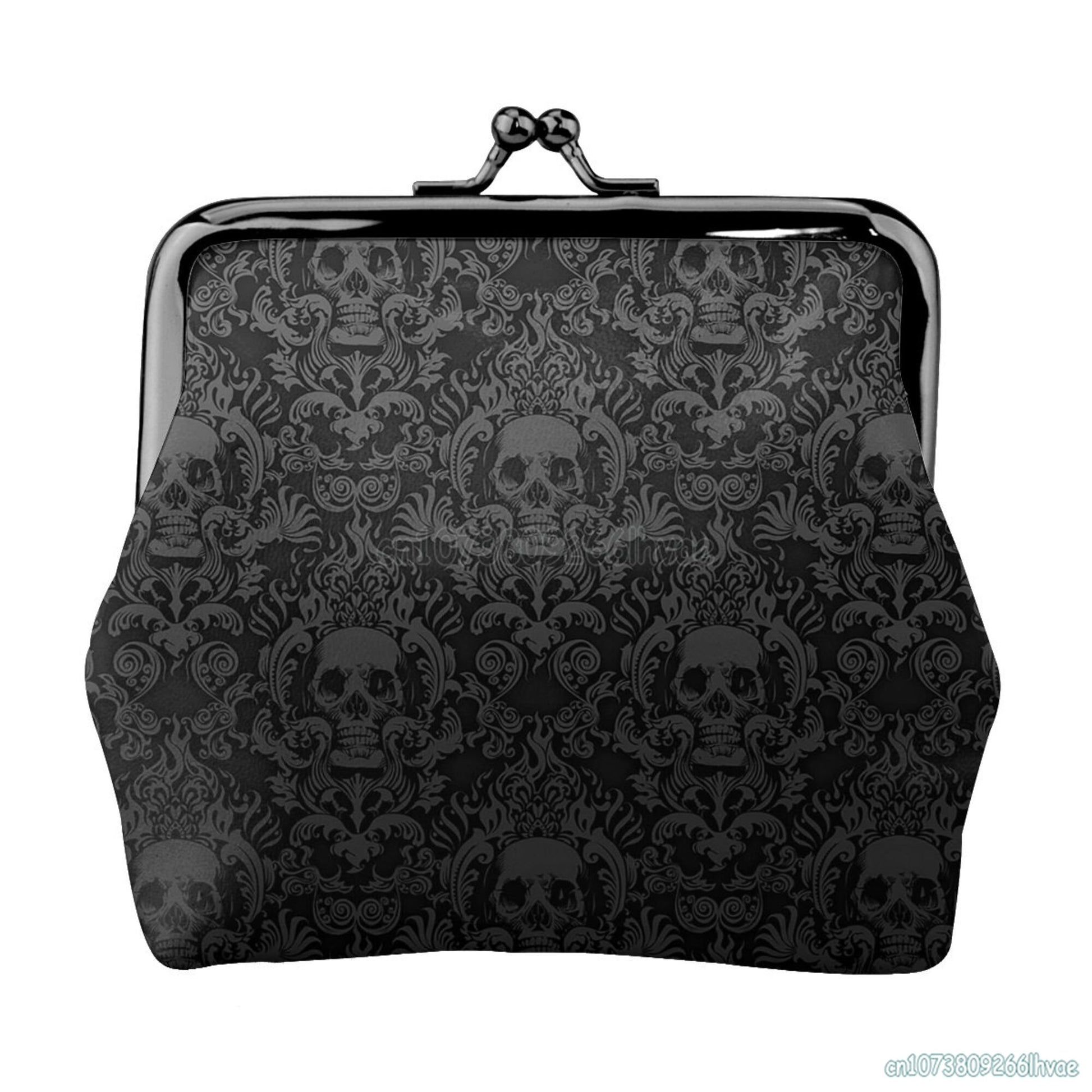 Gothic Black Skull Damask Women Leather Coin Purse Small Change Pouch with Kiss-Lock Clasp Closure Buckle Wallet for Girl Gift - Premium  from Lizard Vigilante - Just $26.99! Shop now at Lizard Vigilante