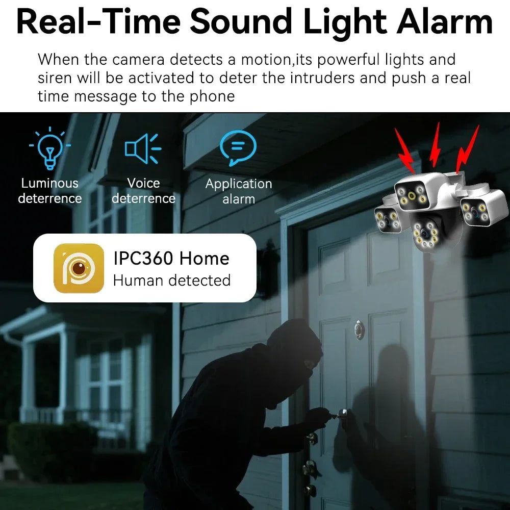 6K 12MP Outdoor WiFi Camera Three Screen Three Lens 10X Zoom PTZ Automatic Tracking Audible Visual Alarm Security Camera