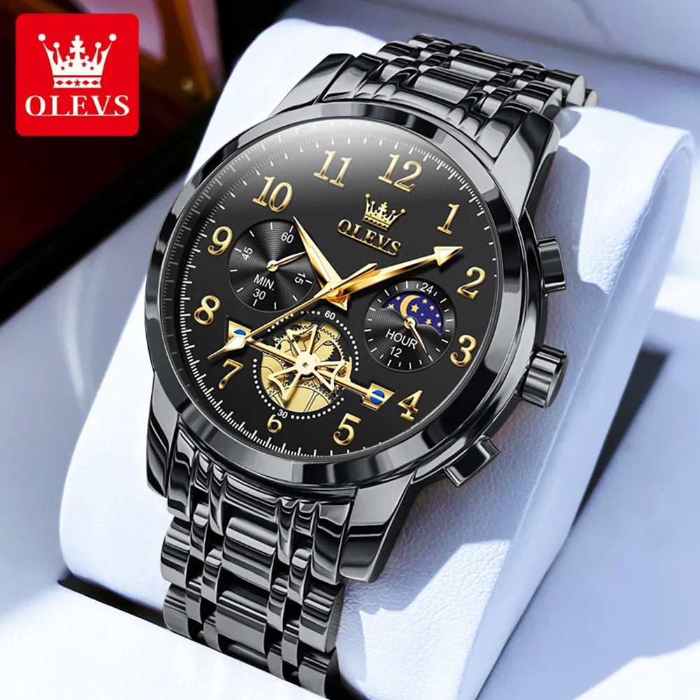 OLEVS New Flywheel Design Luxury Couple Watch Waterproof Moon Phase Chronograph Brand Original Quartz Wrist Watch for Men Women - Premium  from Lizard Vigilante - Just $50.99! Shop now at Lizard Vigilante