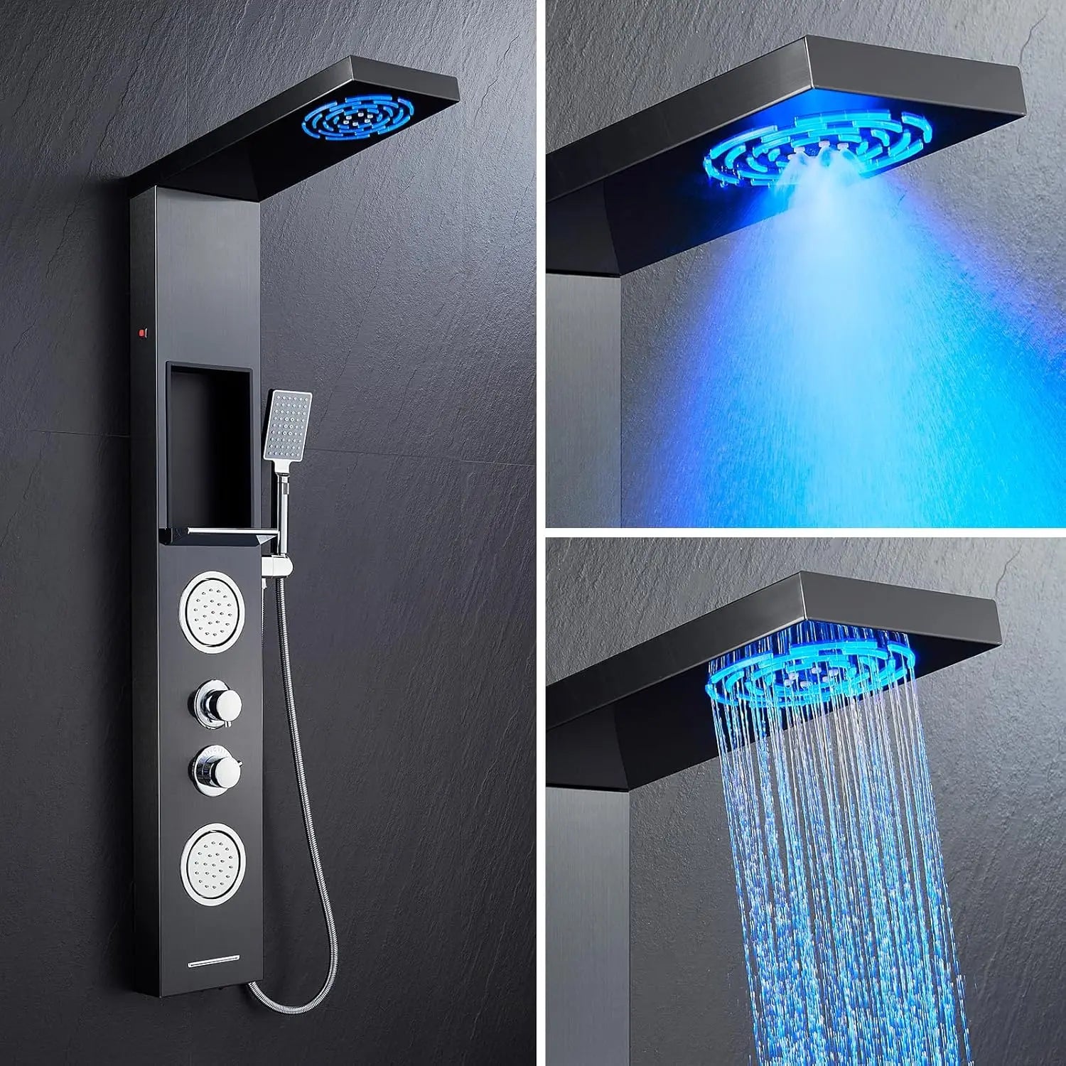 POPFLY LED Shower Panel with Shelf – Black 304 Stainless Steel, Multi-function Mist & Rainfall Shower System with Body Jets and Tub Spout - Premium shower panel from Lizard Vigilante - Just $146.99! Shop now at Lizard Vigilante