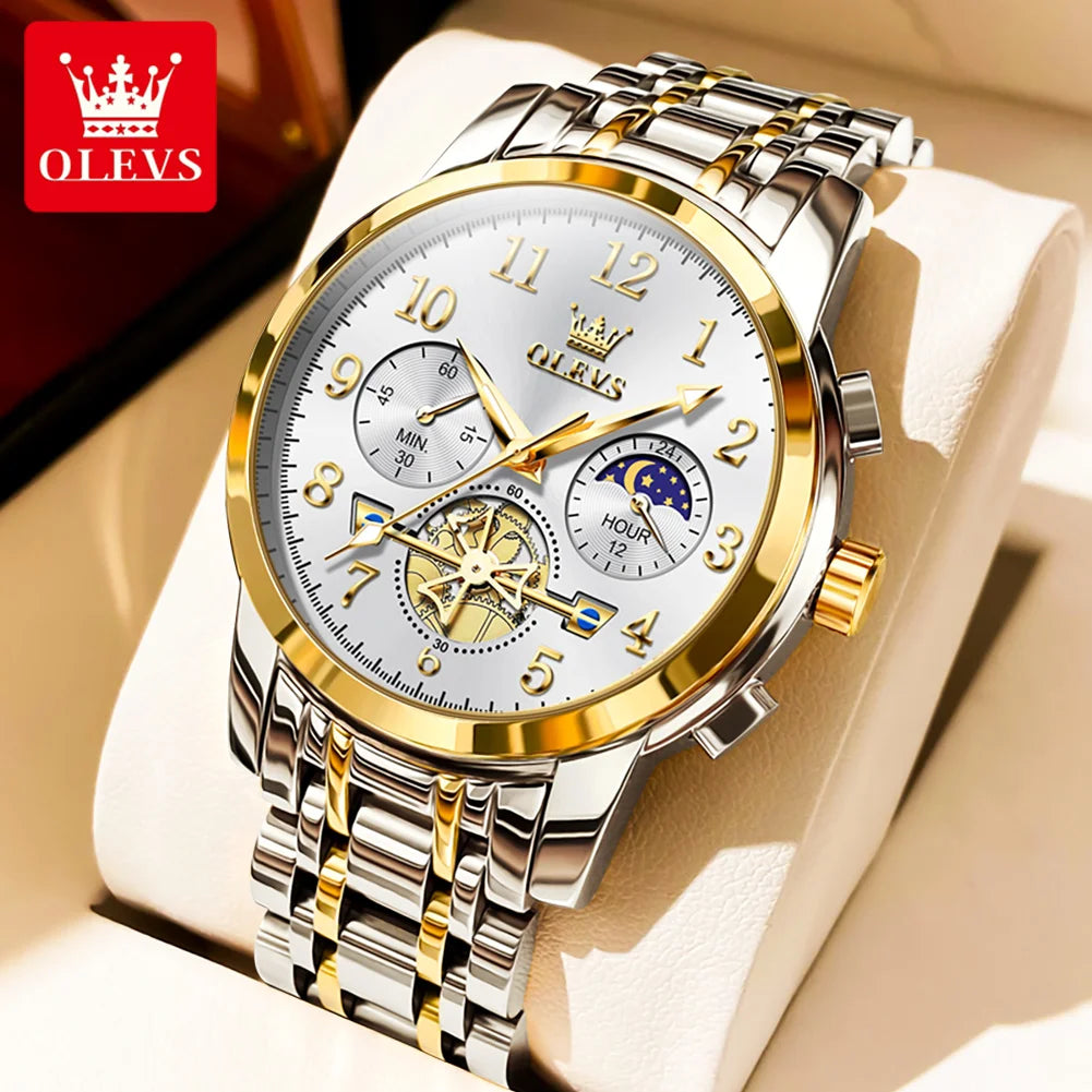 OLEVS New Flywheel Design Luxury Couple Watch Waterproof Moon Phase Chronograph Brand Original Quartz Wrist Watch for Men Women - Premium  from Lizard Vigilante - Just $50.99! Shop now at Lizard Vigilante