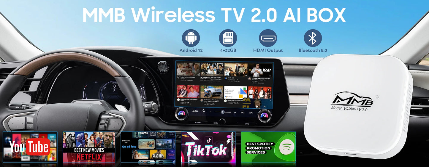 MMB MAX 5.0 “Road Riot AI Box” — Android 13, 8-Core QCM6225, Wireless CarPlay & Android Auto, Split-Screen GPS, 8GB+128GB, Netflix/YouTube