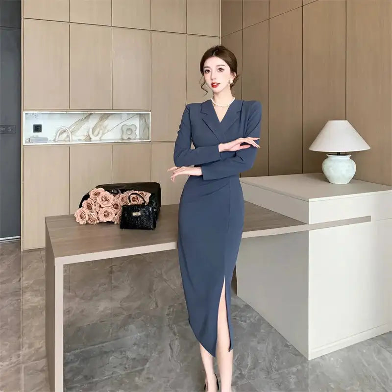 Women Pink Pleated Bodycon Formal Long Dress Autumn Winter Long Sleeve Chic Suit Dress 2025 Korean Fashion Elegant Party Dresses