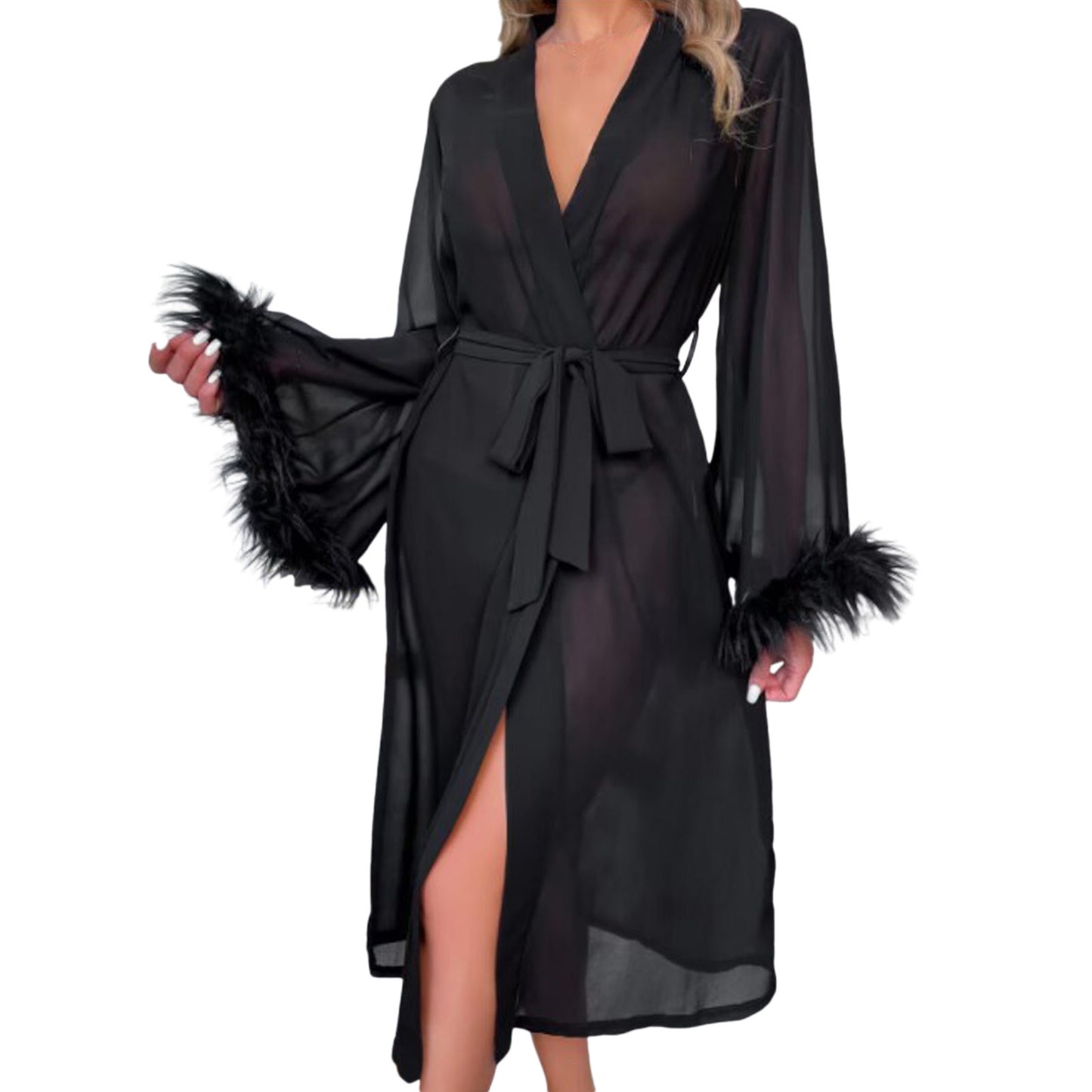 Elegant Summer Women's Silk Feather Robe – Comfortable Long-Sleeved Pajamas Nightgown - Premium robe from Lizard Vigilante - Just $28.88! Shop now at Lizard Vigilante