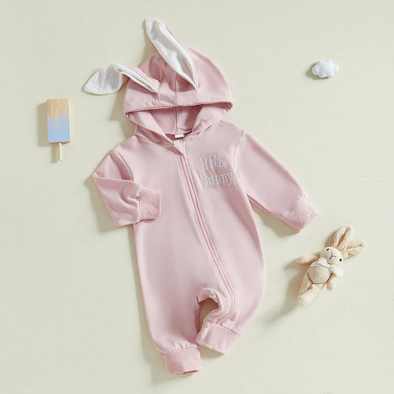 Adorable Infant Easter Romper with Hood Zipper Closure and Bunny Ears - Long Sleeve  for Spring Celebrations