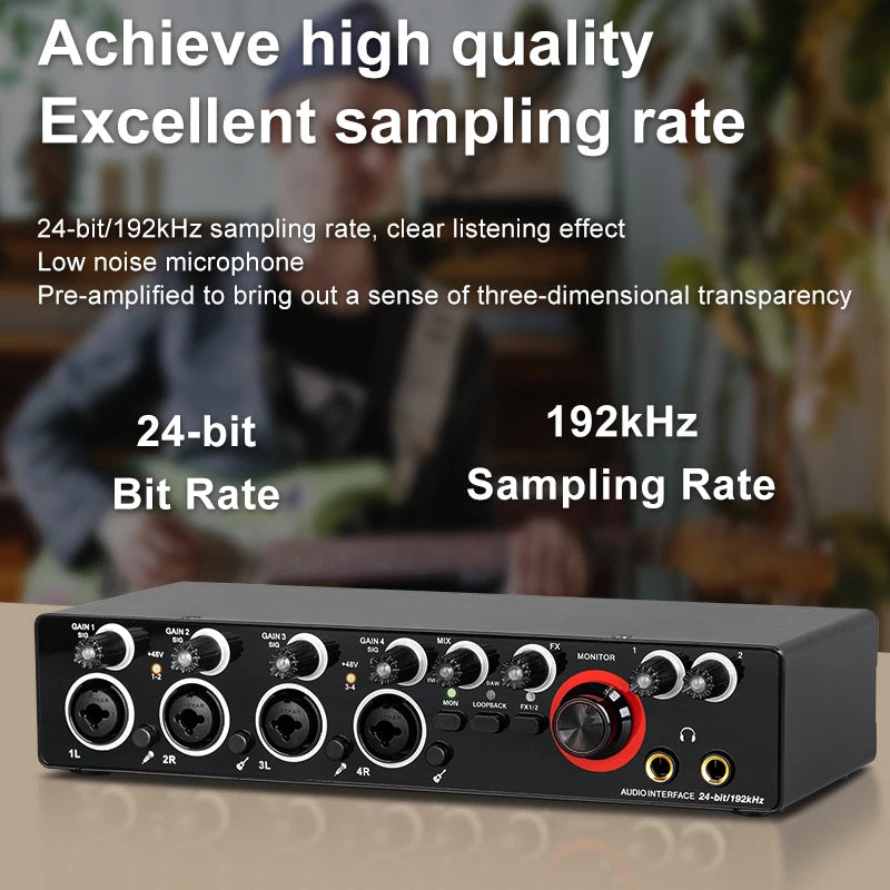 Professional 24Bit 192KHz Audio Interface Sound Card 4 Channel Sound Card for Guitar Loopback USB External Studio PC Recording